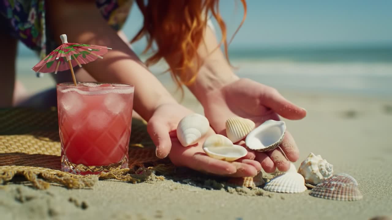 A Relaxing Day at the Beach: Collecting Seashells While Sipping a Tropical Drink Under the Sun with Gentle Ocean Waves in the Background