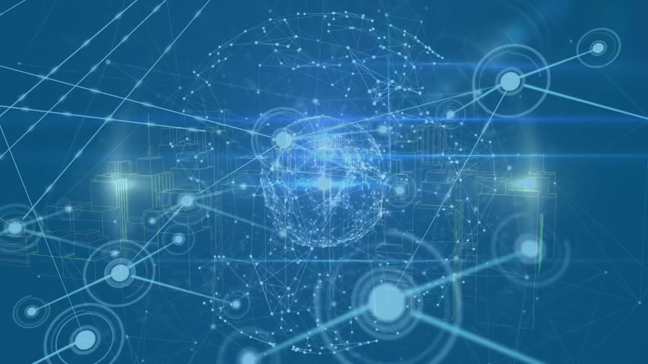 Animation of network connecting dots, globe with 3d urban city on digital interface