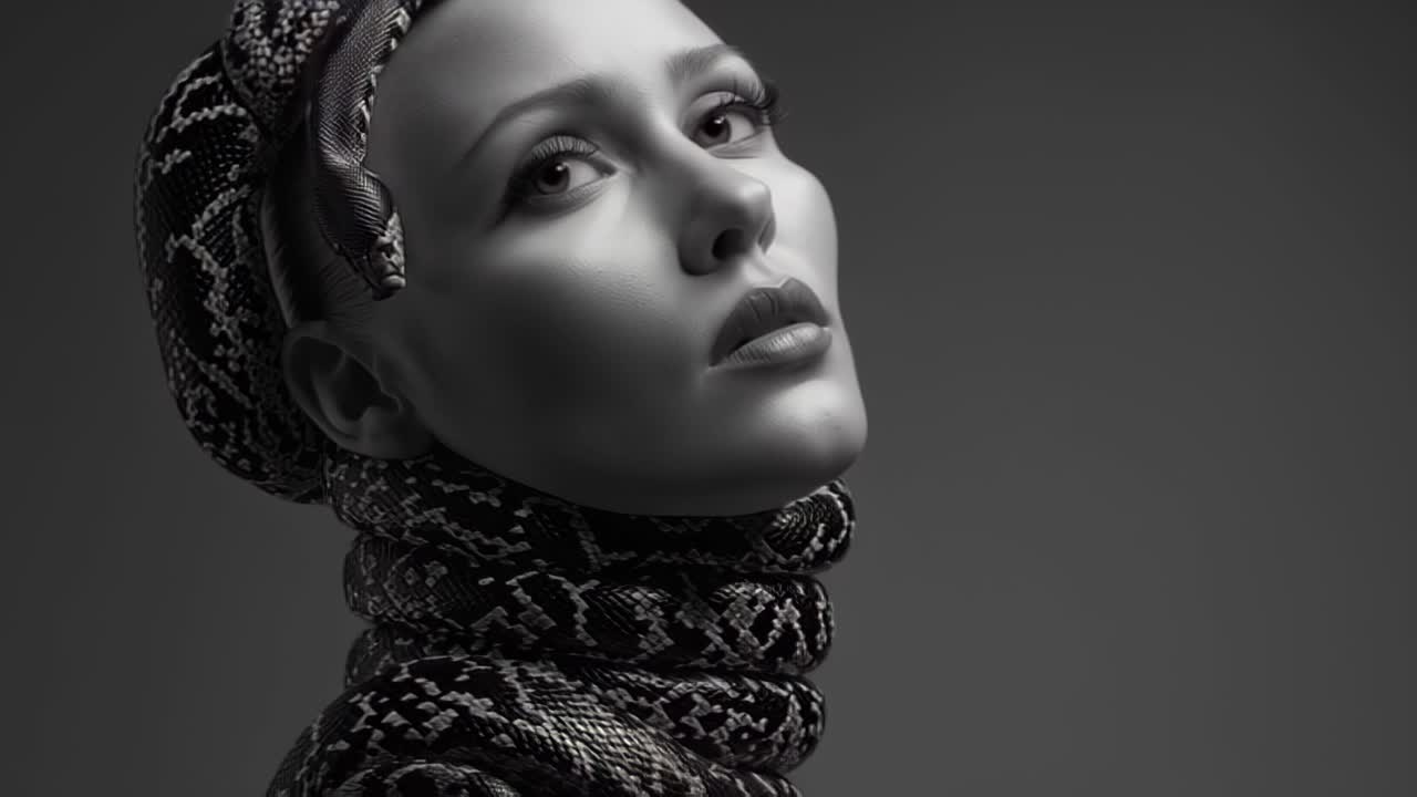 Riprese cinematografiche in bianco e nero di una donna sicura di sé che posa con un grande serpente avvolto intorno al collo e alla testa, creando un look concettuale audace, di alta moda e leggermente pericoloso