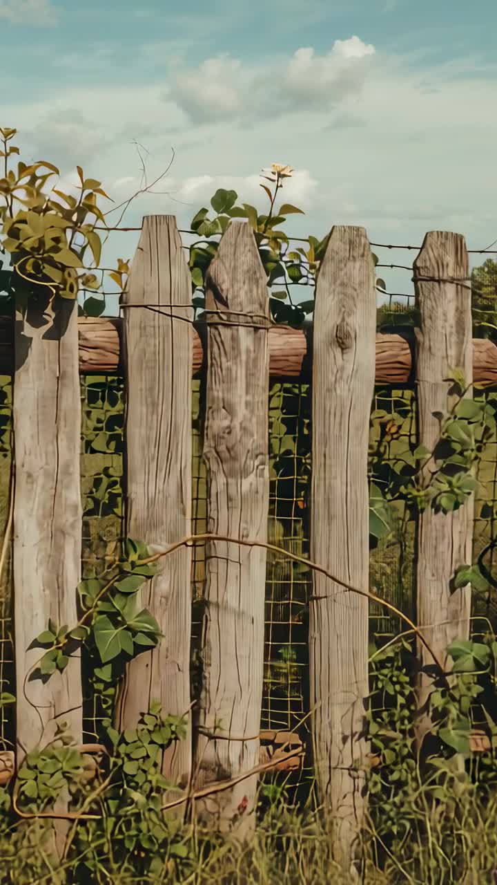 Vídeo vertical: cámara panorámica que revela una valla desgastada y el cielo en un jardín con enredaderas y flores blancas