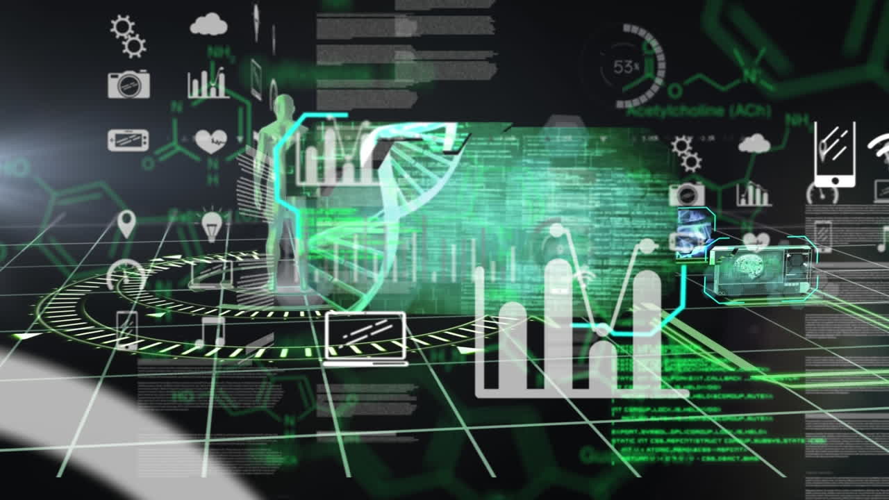 animación del procesamiento de diversos datos biológicos y técnicos en el espacio negro