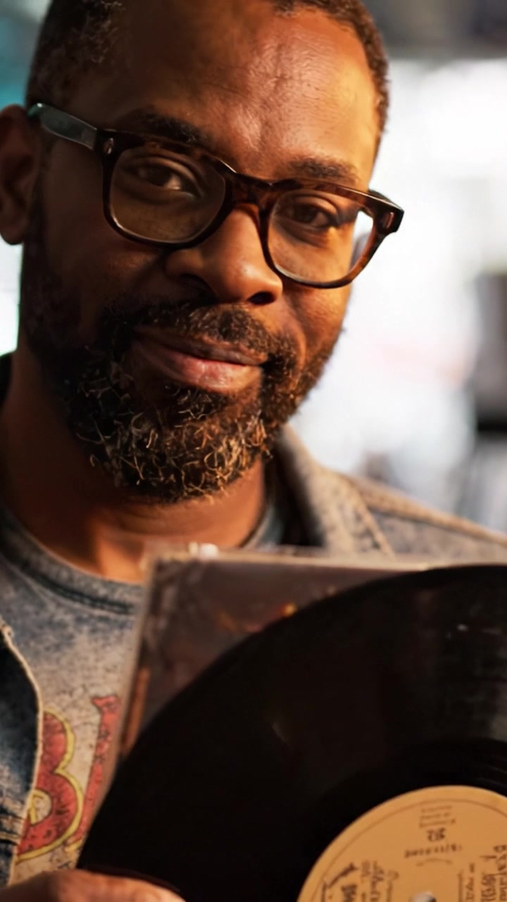 A Music Enthusiast Joyfully Revels in an Old Vinyl Record, Savoring the Nostalgia and Rich History Captured in the Black Disk of Timeless Melodies.