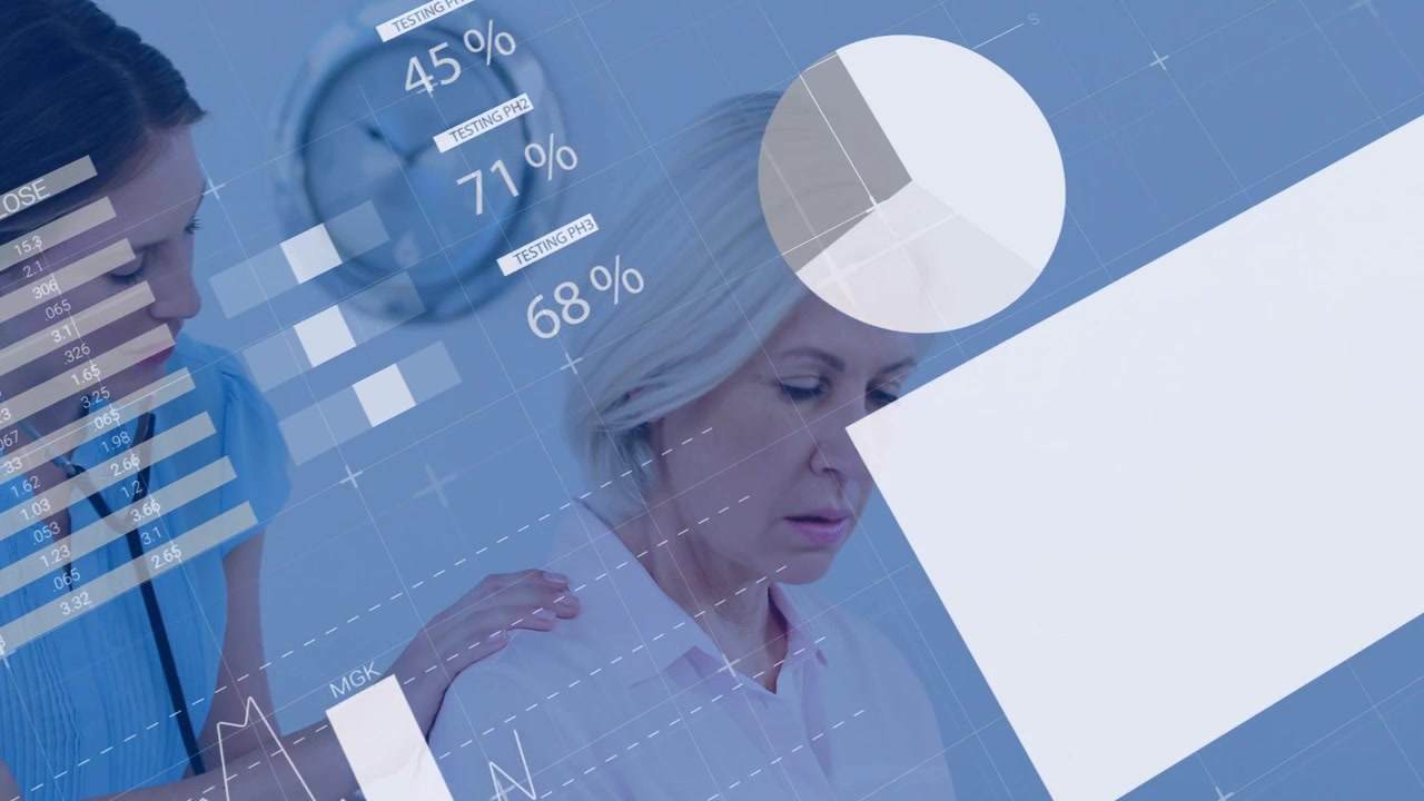 Sygeplejerske lægger hånd på patients skulder, bruger stetoskop, vurderer lungerne, mens HUD-diagrammer stiger.
