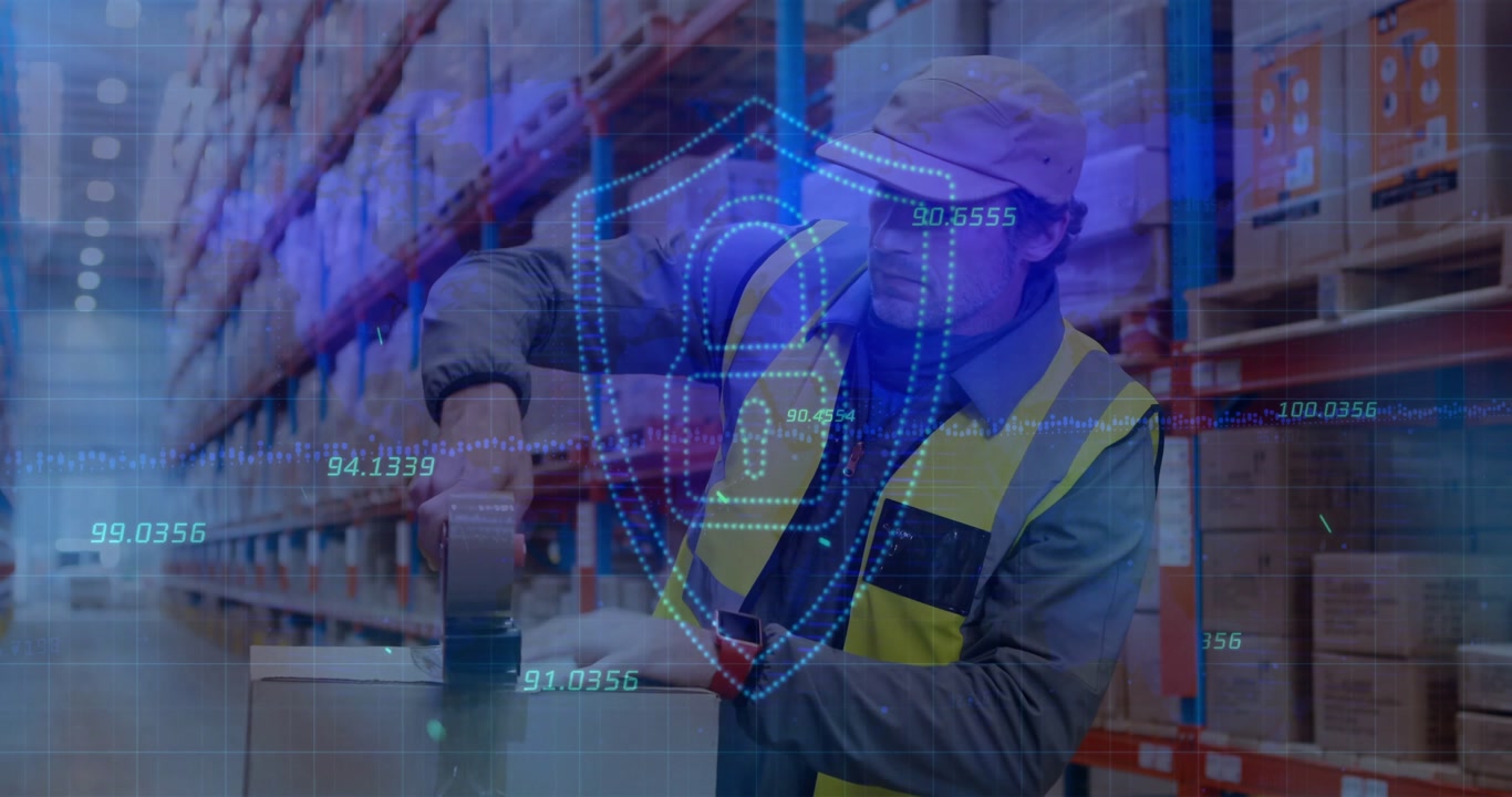 Warehouse worker scanning barcode to verify order and showing animated checkmark before taping box