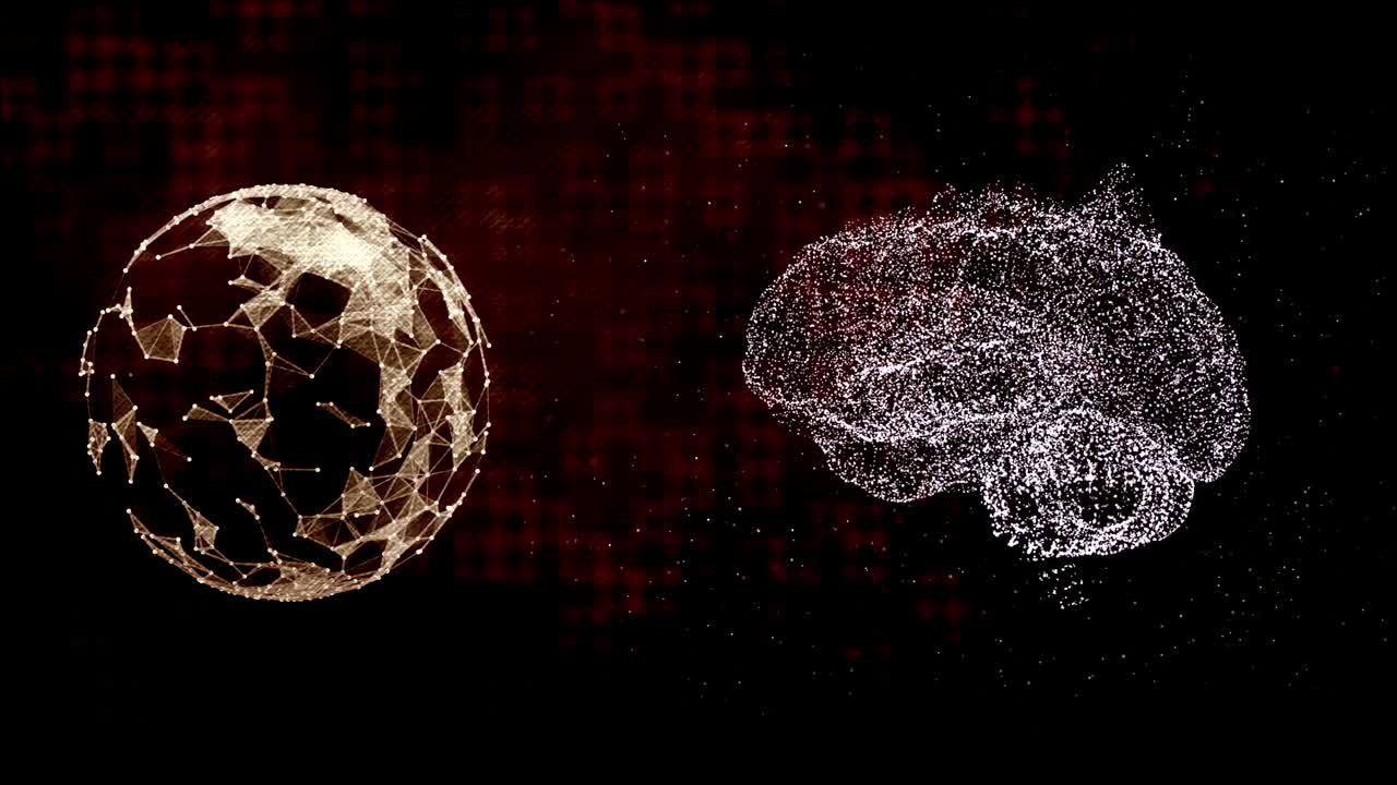 concepto de red global. cerebro humano digital y planeta con múltiples conexiones en la superficie, flotando en el fondo de textura digital oscura.