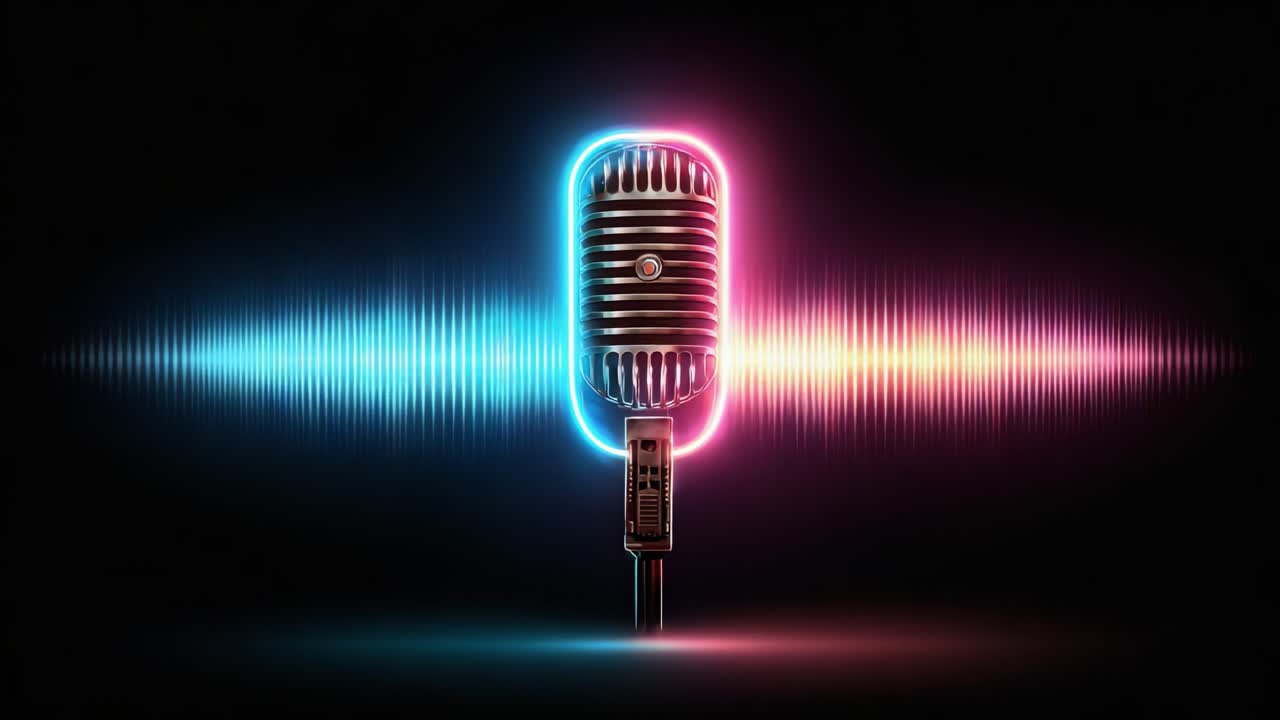 A Vibrant Retro Microphone Glowing in Neon Colors with Soundwave Visualization, Embodying the Spirit of Music and Performance in a Darkened Atmosphere