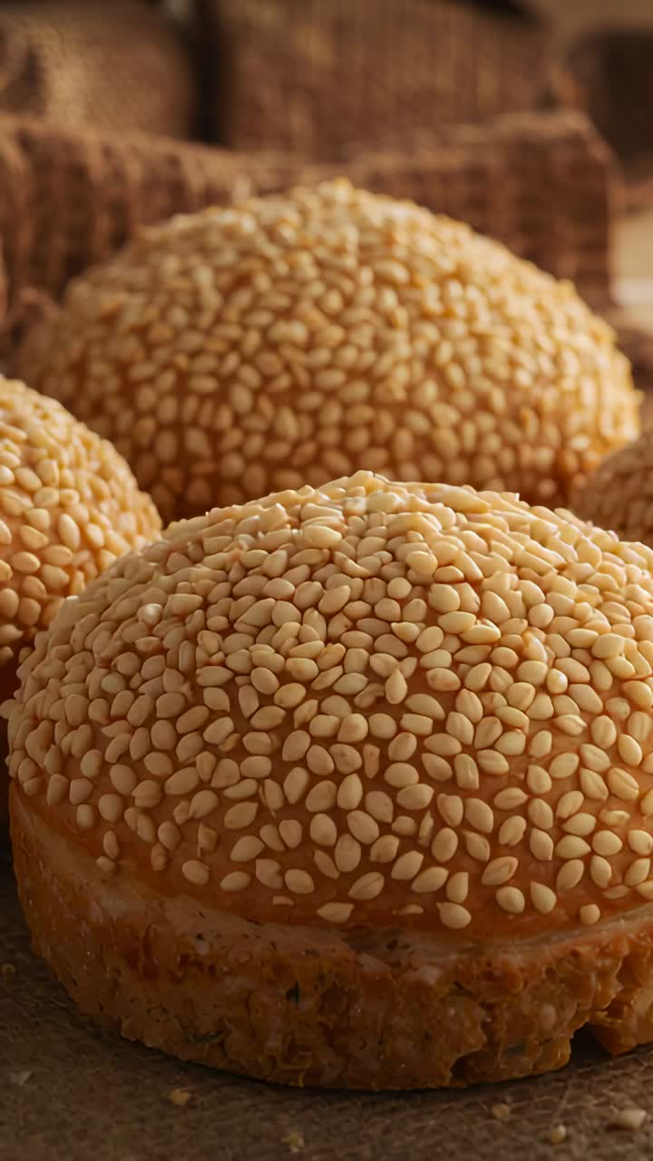 Vertical video: Zooming camera focusing sesame bun on bakery board, revealing seed texture