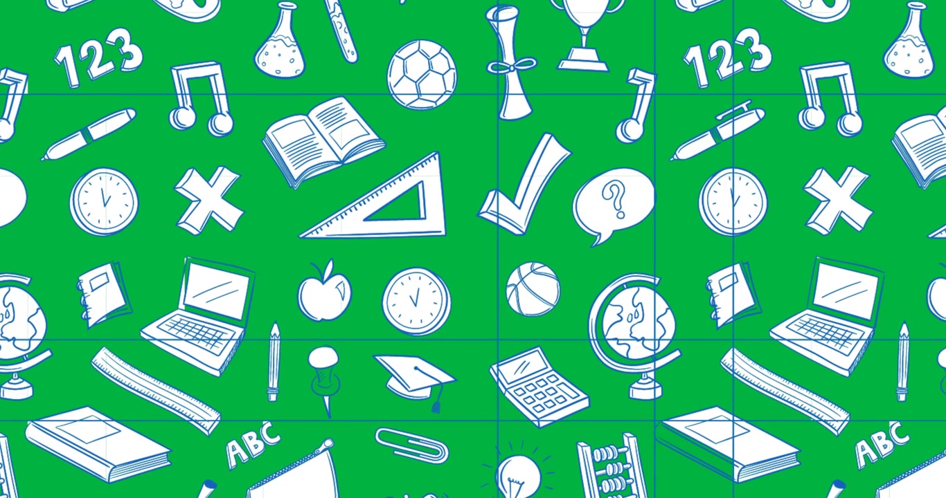 Animación digital de múltiples iconos con concepto escolar sobre fondo negro