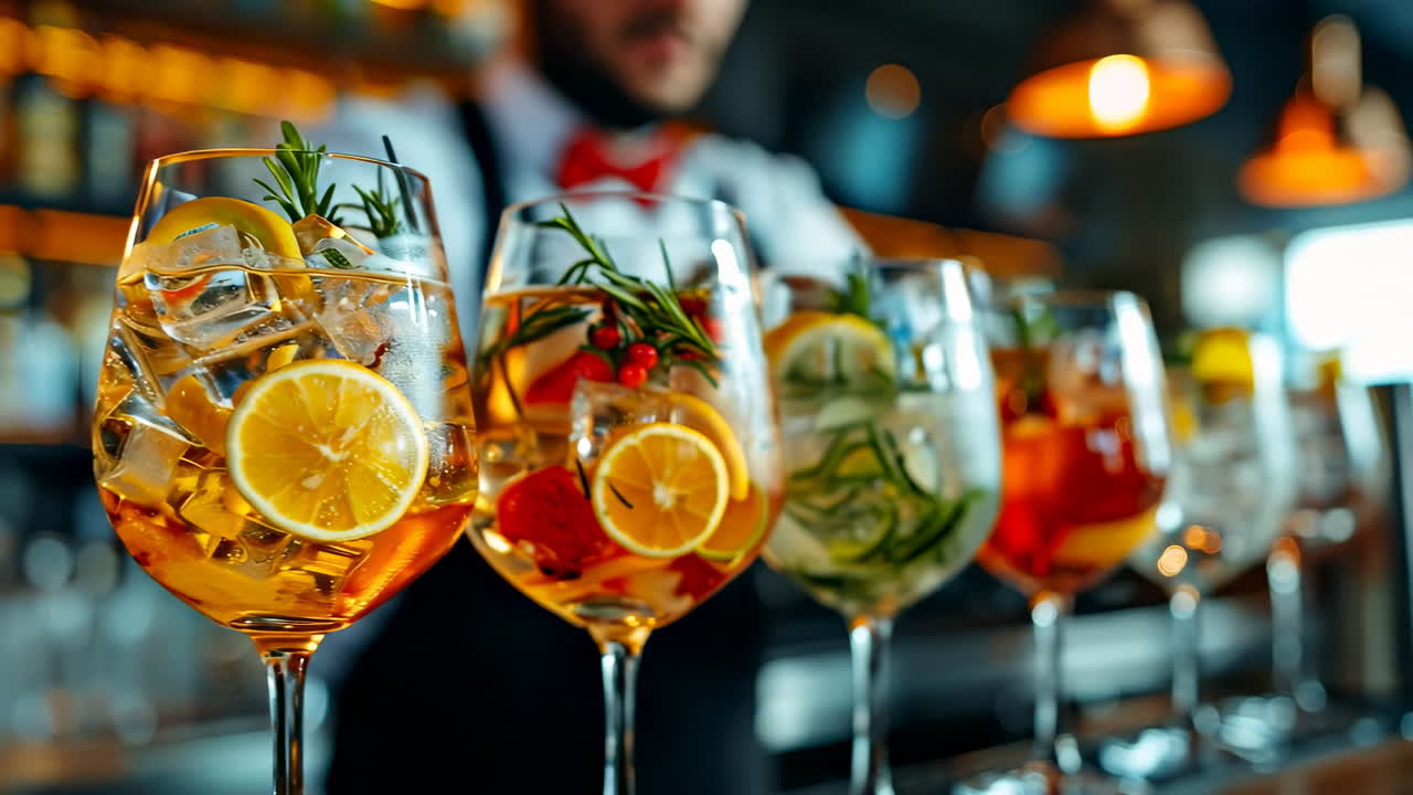 Vibrant cocktails at a bar. Bartender prepares refreshing cocktails with fruits and herbs at a vibrant bar during the evening crowd