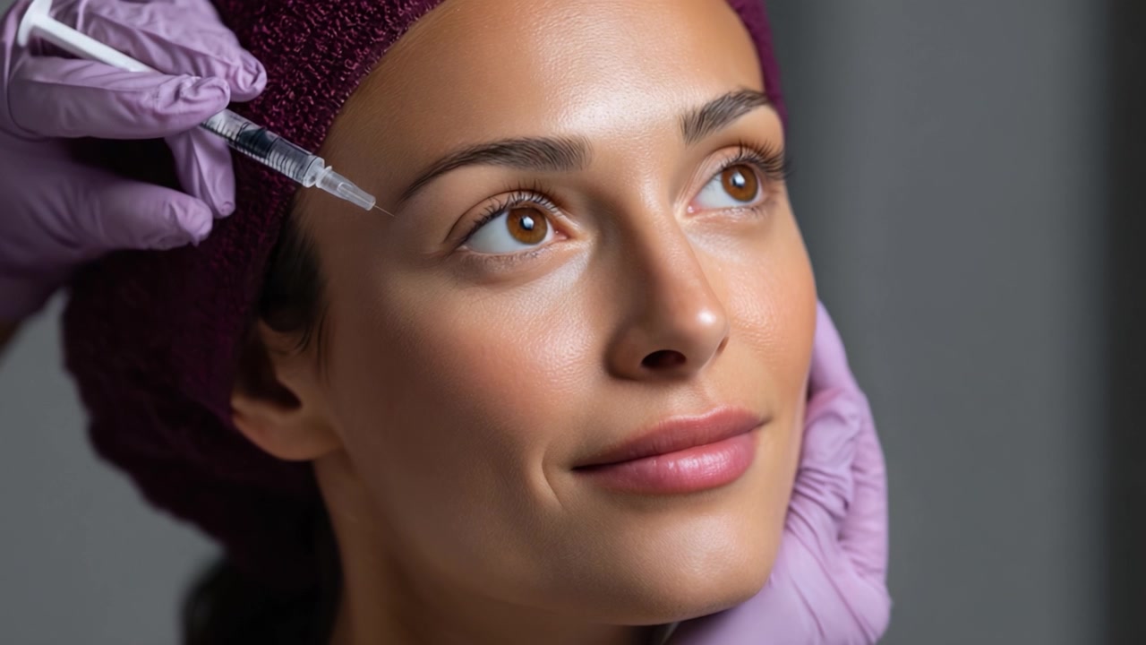 Procedura di miglioramento estetico: primo piano di una donna che riceve un'iniezione cosmetica in un ambiente spa, mostrando una tecnica esperta e un'espressione rilassata.