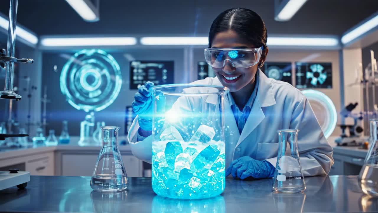 Scientist in a Futuristic Lab Experimenting with Crystals