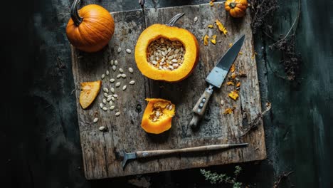 rustic autumn still life with pumpkins and knives