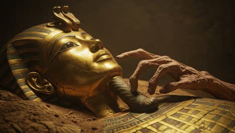a mysterious encounter with ancient remains: an imposing golden sarcophagus and a sinister touch from the shadows in a darkened tomb