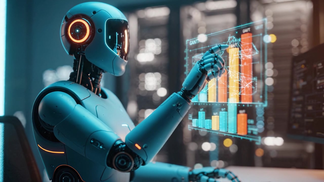 A futuristic robot interacts with holographic data displays, showcasing advanced technology in data analysis and visualization using vibrant graphics and interfaces.