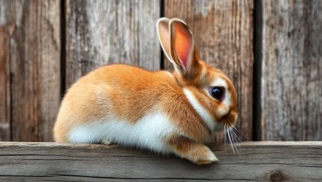 cute brown rabbit climbing wooden fence. a small brown rabbit with white markings climbs a wooden fence in a rustic setting during daylight hours.