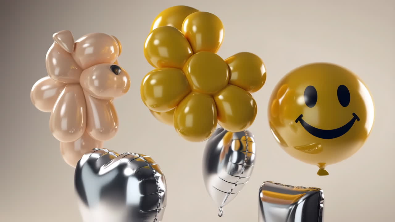 A vibrant assortment of balloons, including a smiley face, balloon animal, and metallic shapes