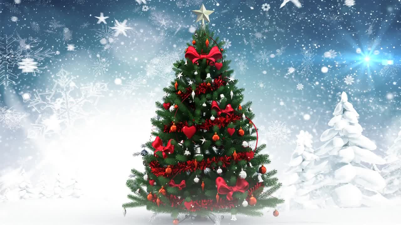 겨울 풍경 과 내리는 눈 에 있는 크리스마스 트리