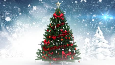 árbol de navidad en el paisaje de invierno y la nieve que cae