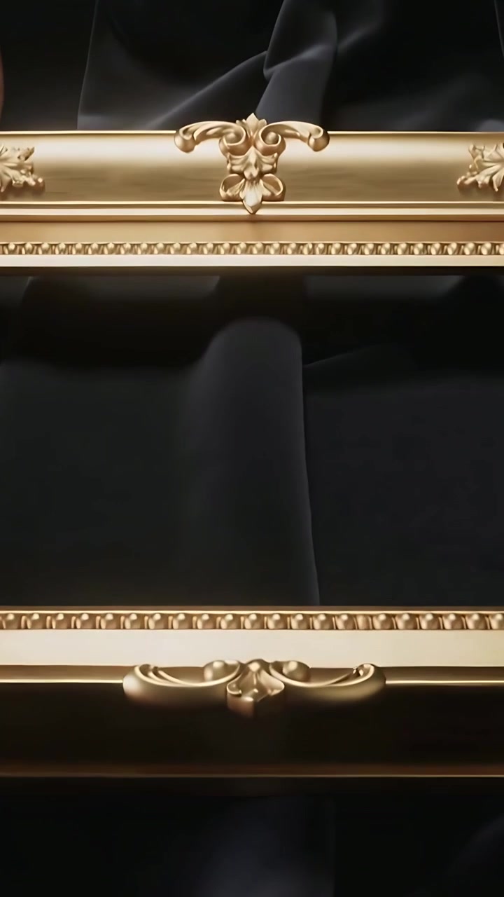 Vídeo vertical: Painel frontal dourado deslizante movendo-se em trilho, revelando interior de veludo sobre a mesa