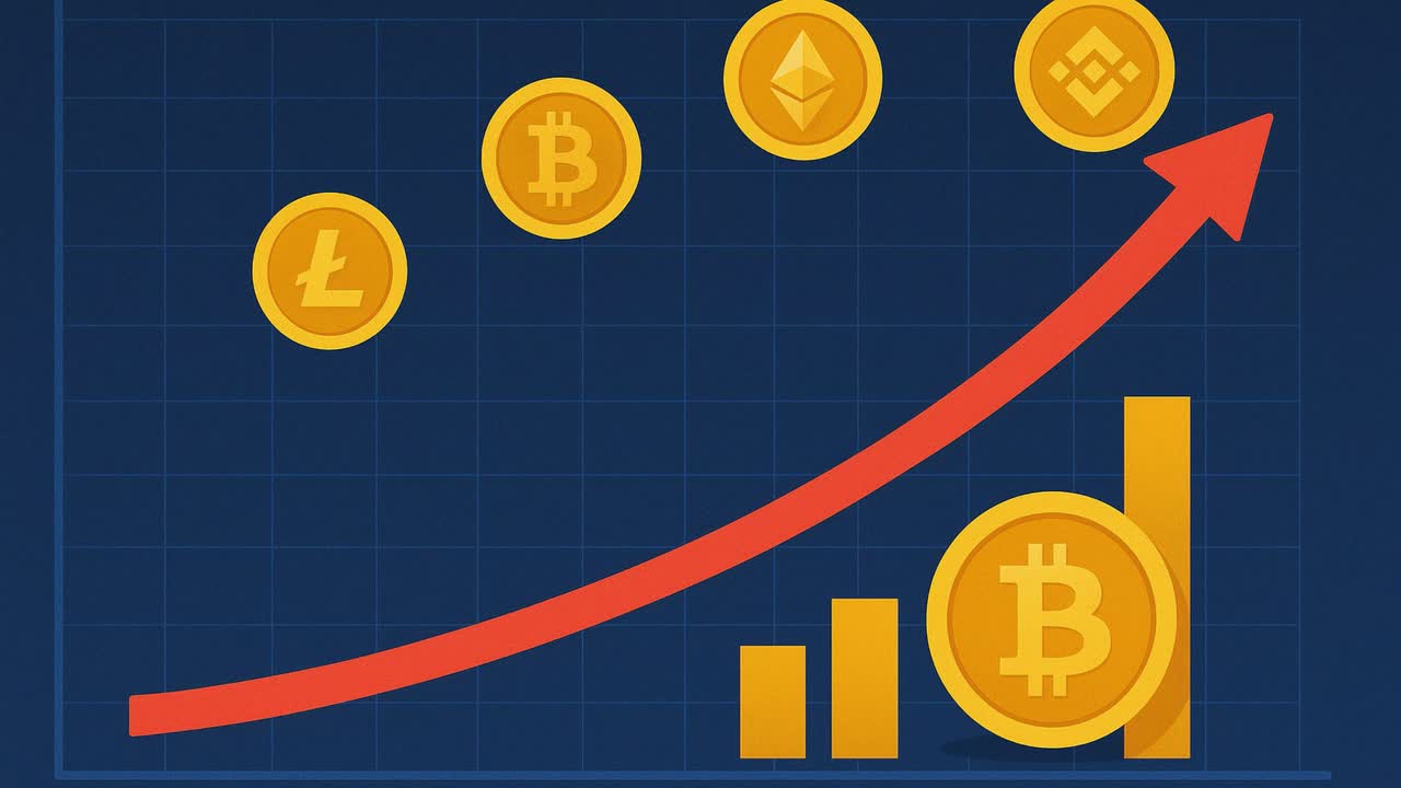 In this insightful analysis, the focus is on the significant increase in cryptocurrency values over recent weeks. Various digital currencies such as Bitcoin, Ethereum, and Binance Coin are showcased, illustrating their upward trend. The background features a graph indicating the surge, highlighting 