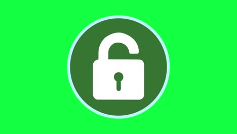 clever motion graphic element of a circular system security logo with padlock, being hacked and unlocked, turning from red to green, on a green background for chroma keying