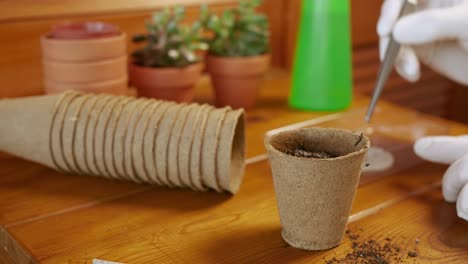 man is planting seeds in a paper pot with soil.