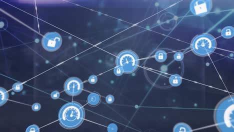 animation of dots with lock and speedometer icons connecting with lines over abstract background