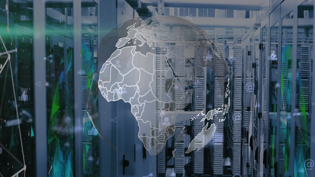 Animation of digital icons, spinning globe and plexus networks against computer server room