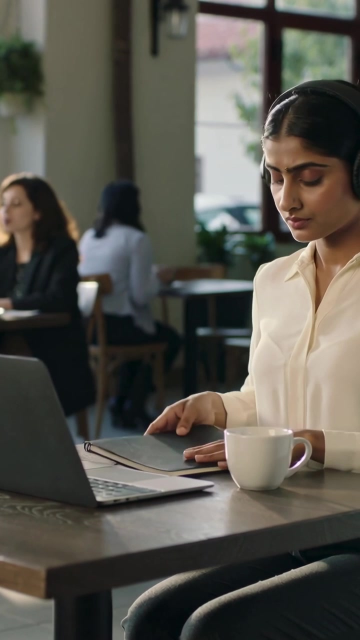 Video verticale: Donna con un top color crema che indossa cuffie over-ear e si unisce a una chiamata in un caffè con un laptop
