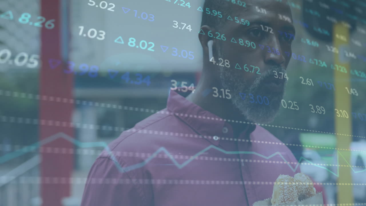 Animation of financial data processing over african american man eating
