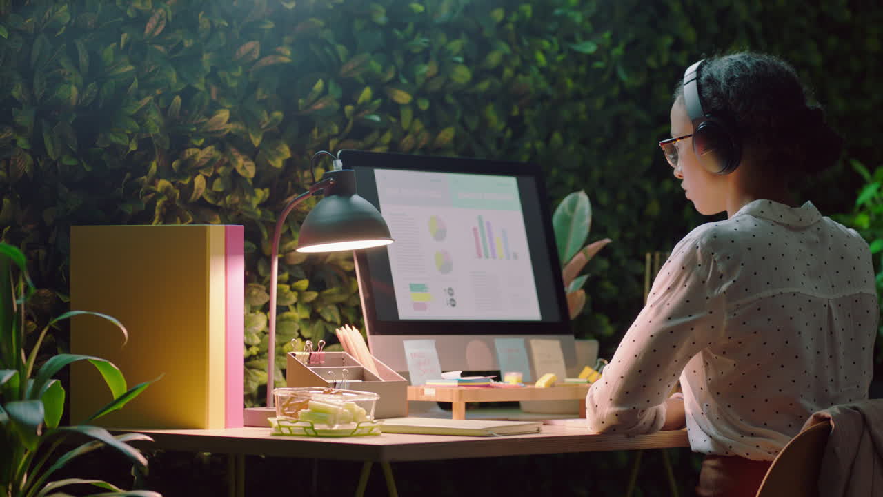business woman working late drinking coffee using computer analyst browsing research statistics reading information data planning strategy in office at night wearing headphones
