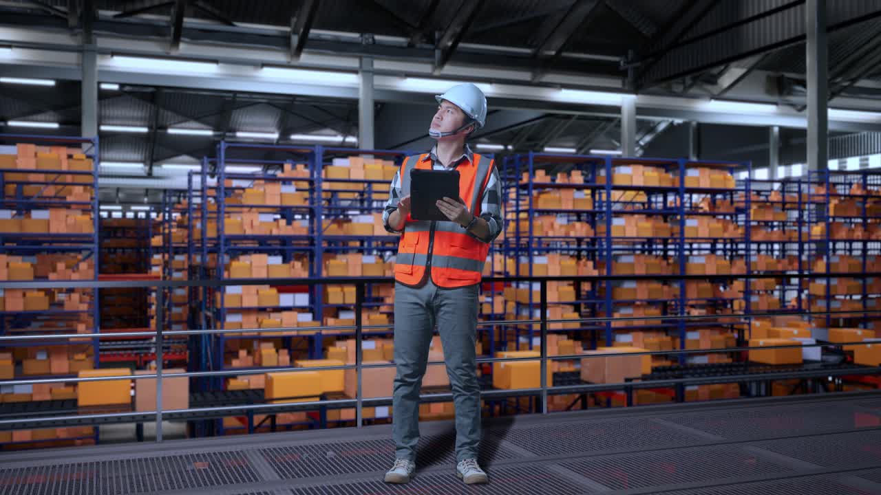 cuerpo lleno de ingeniero masculino asiático con casco de seguridad mirando la tableta en su mano y mirando a su alrededor mientras estaba de pie en el almacén con estantes llenos de bienes de entrega