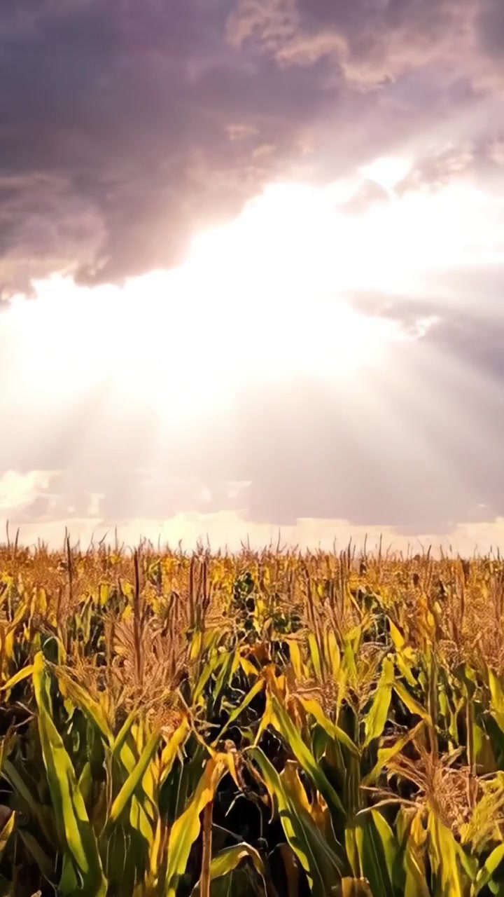 A Beautiful Landscape of Golden Cornfields Under Majestic Sunlight Breaking Through Clouds, Highlighting the Beauty of Nature and Agriculture