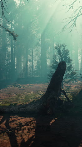bosque de niebla con tronco de árbol