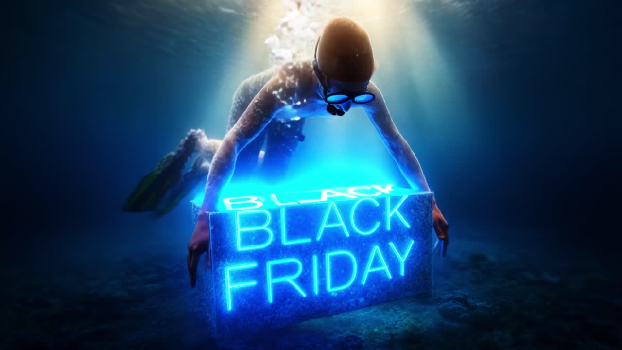 Diving Deep into Discounts: A Unique Underwater Adventure Celebrating Black Friday with Vibrant Neon Signage, Emphasizing the Excitement of Shopping Exhilaration Beneath Waves