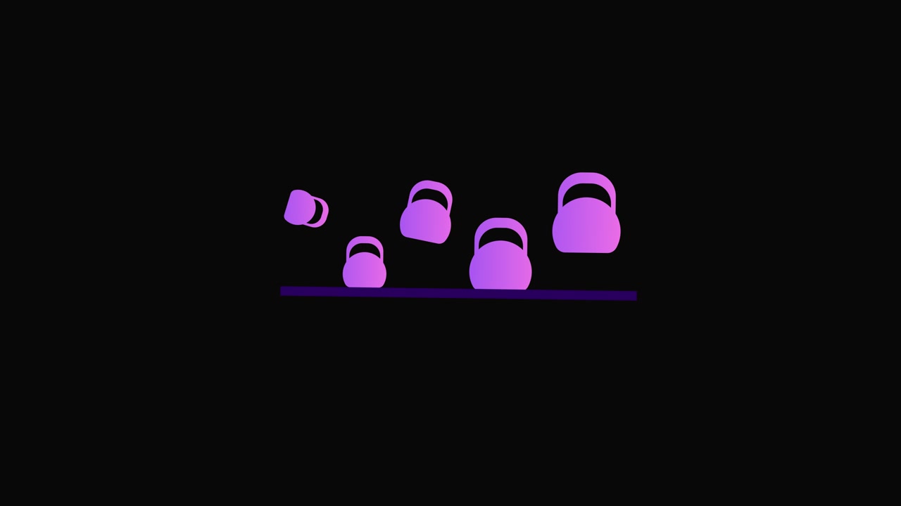 Kettlebell viola animati di dimensioni crescenti che rimbalzano su una linea.