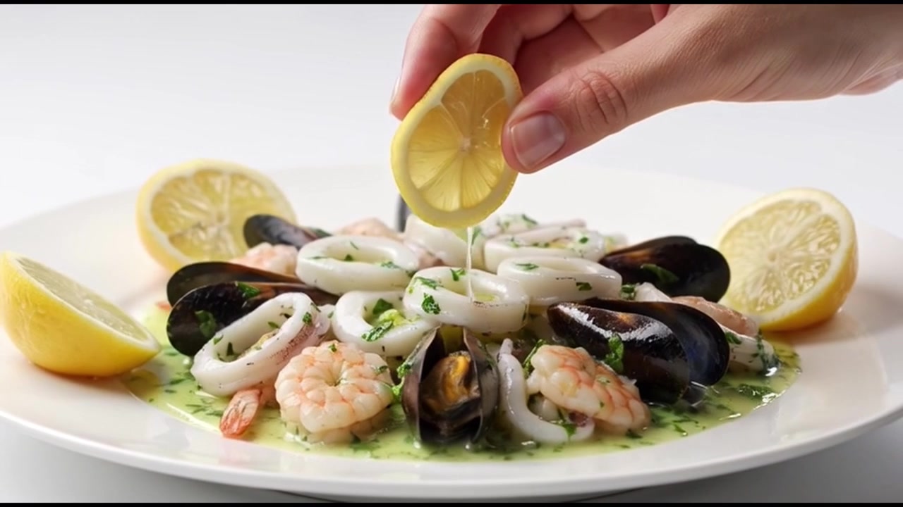 Hand Squeezing Fresh Lemon Juice Over Seafood Platter