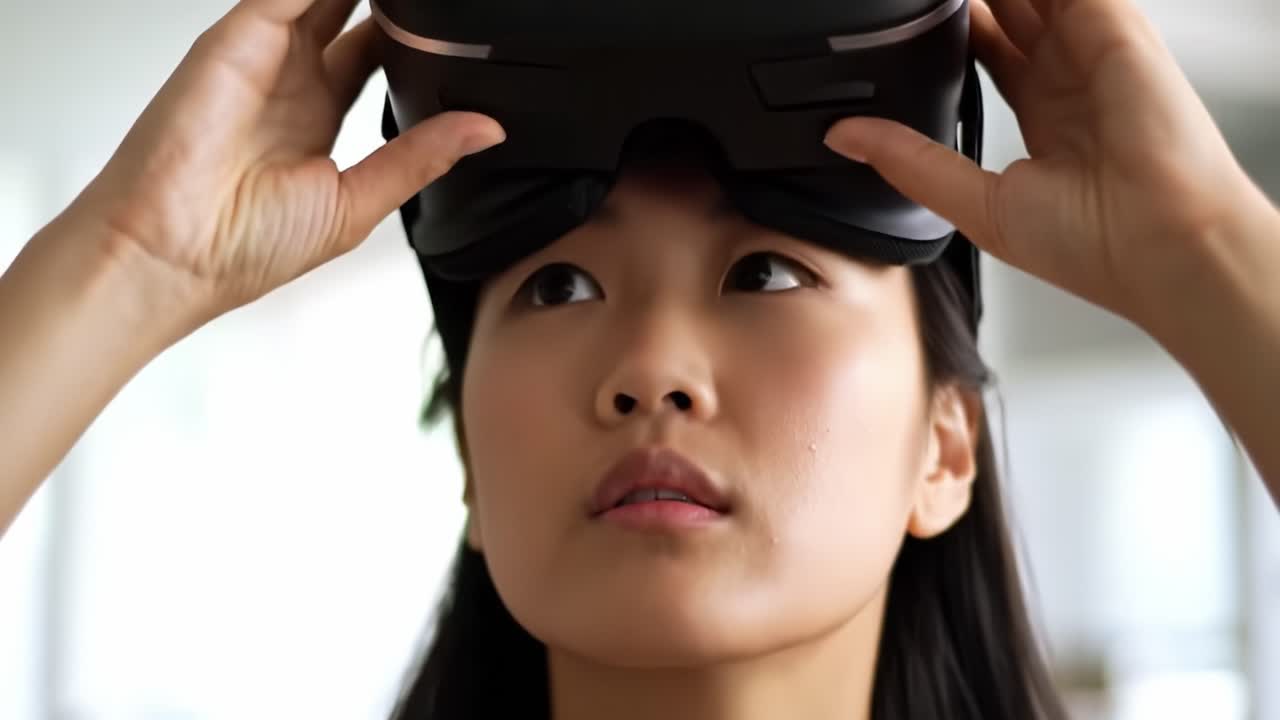 A woman explores a captivating virtual reality world, adjusting her headset with focused concentration and excitement. The modern environment enhances her immersive adventure.