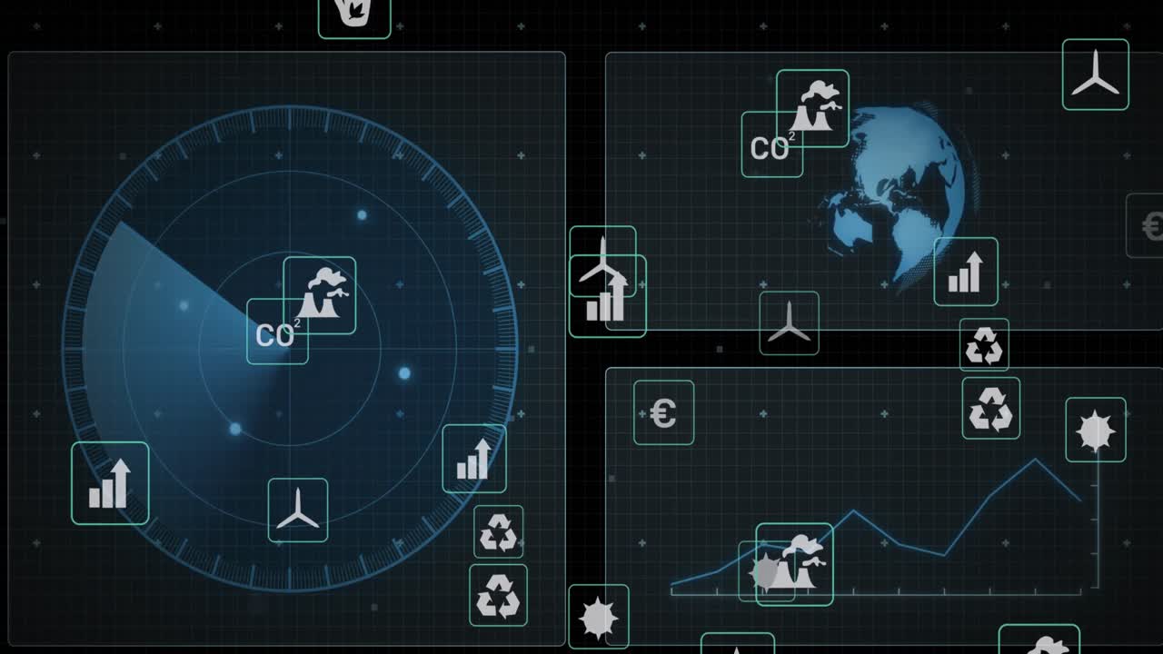 Animation of icons over data processing with scope scanning on black background