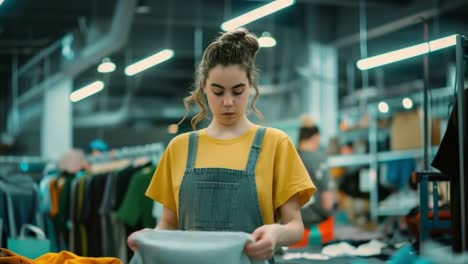 clothing factory worker sorting garments