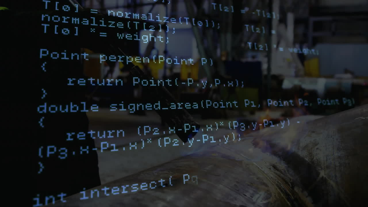 Senior technician operating workbench in factory, with code overlay showing machining data