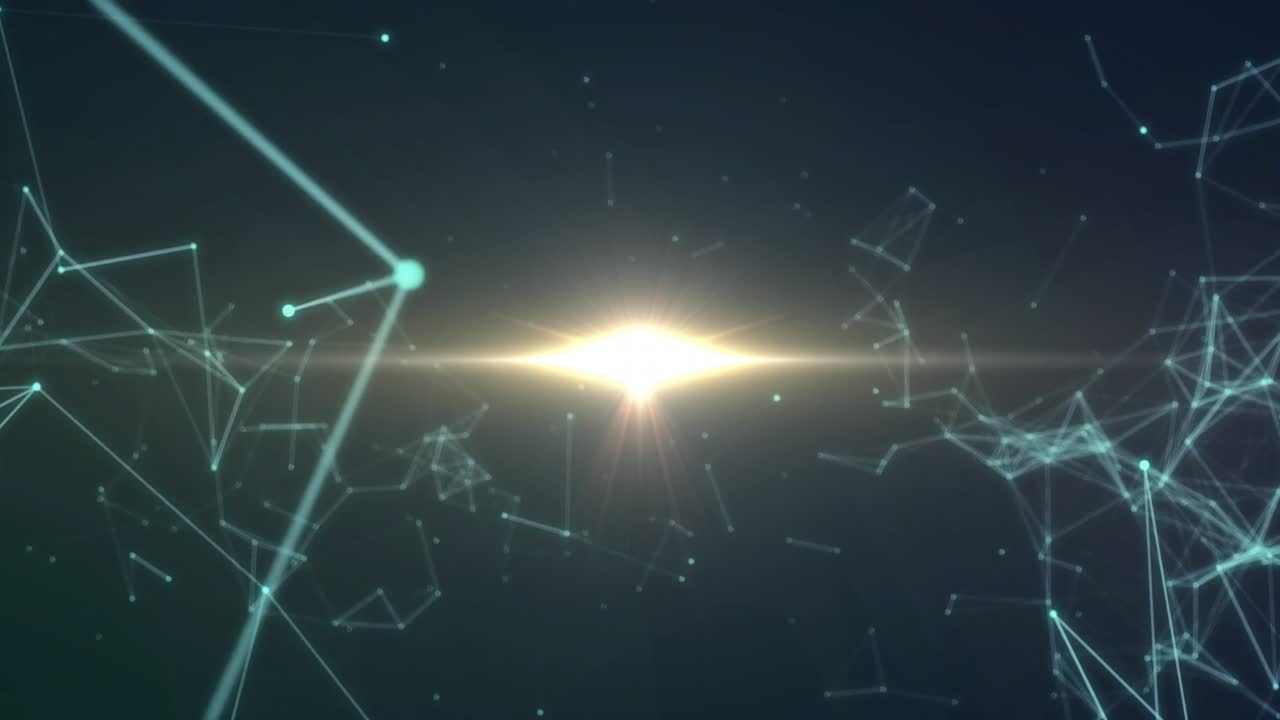 Golden point rising initiating turquoise network forming, neon-blue lines connecting, core pulsing