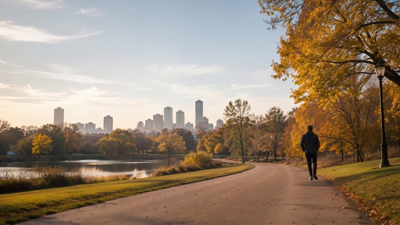 Hombre caminando solo por un sendero del parque con árboles otoñales y un fondo de horizonte urbano