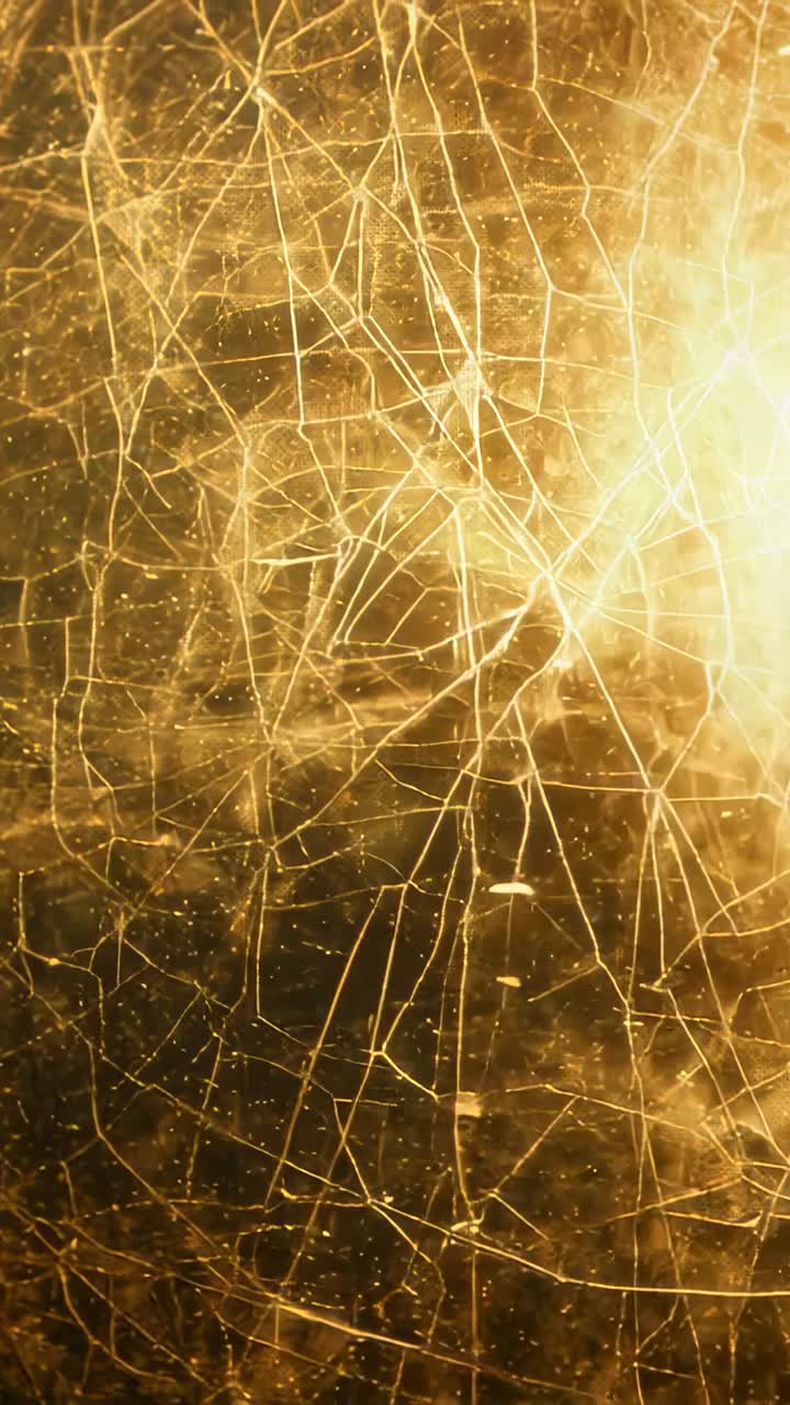 Video vertical: Luz cálida brillando desde la derecha que revela de cerca una fractura en forma de telaraña en una ventana agrietada.