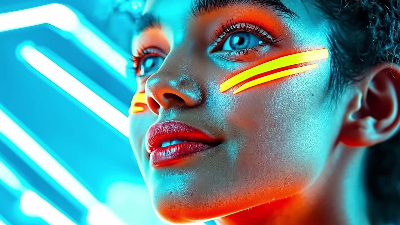A woman with neon makeup and bright makeup looks at the camera