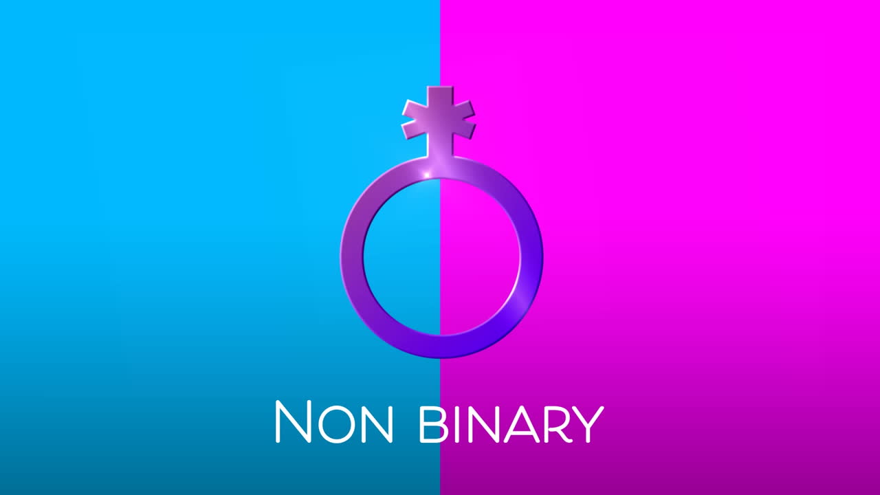 Animation of text non binary, with purple non binary symbol on pink and blue