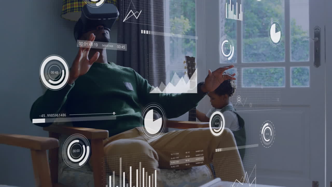 Animation of data processing over african american man using vr headset