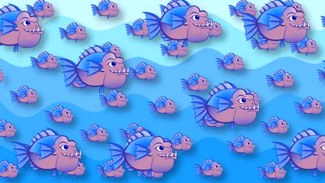 una bandada de peces depredadores nada contra el fondo de las olas azules