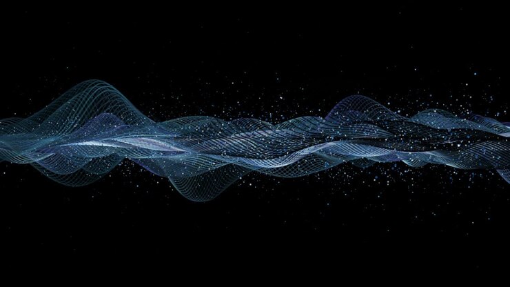 Futuristic animation with wave object and glitter particles in slow motion, 4096x2304 loop 4K
