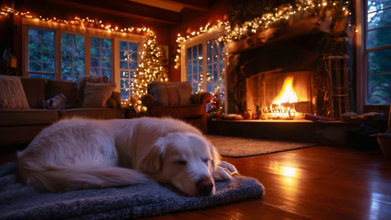 Cozy Winter Evening with a Sleeping Dog by a Warm Fireplace Surrounded by Christmas Lights and Decor, Creating a Comfortable and Festive Atmosphere in a Charming Living Room Setting